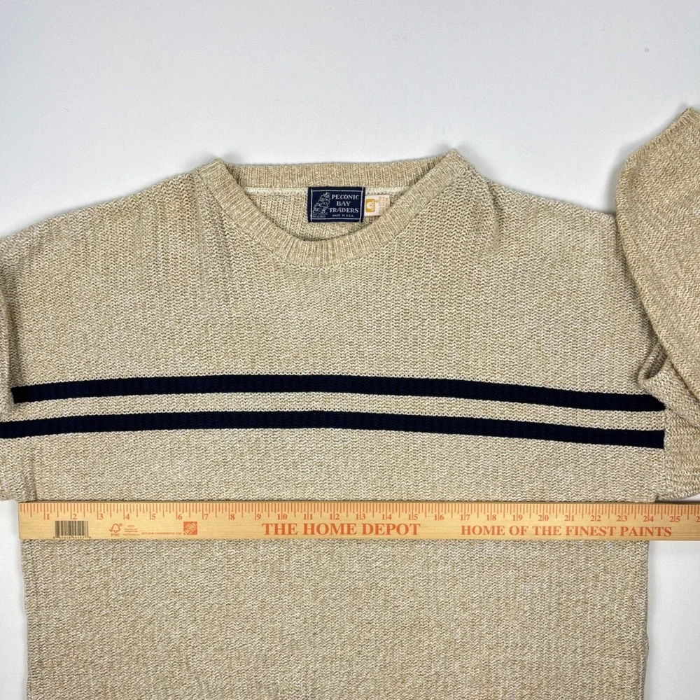 Peconic Bay Traders Mens Medium Beige Knit Blue Striped Crewneck Sweater USA Vtg